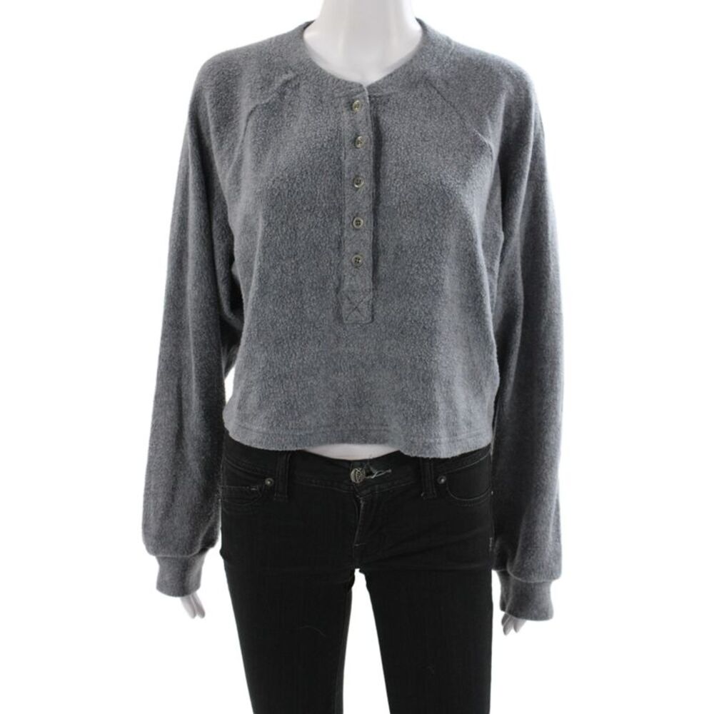LNA Womens Sweaters Cropped Henley Button Up Gray Size XS